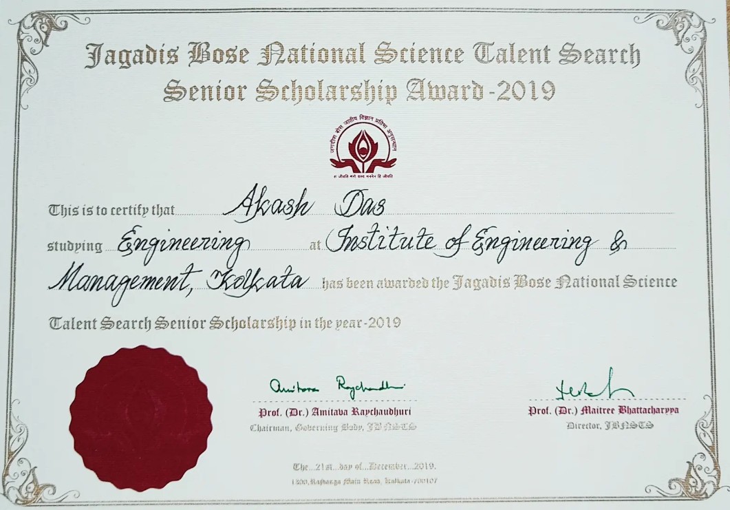 JBNSTS Senior National Scholar Certificate